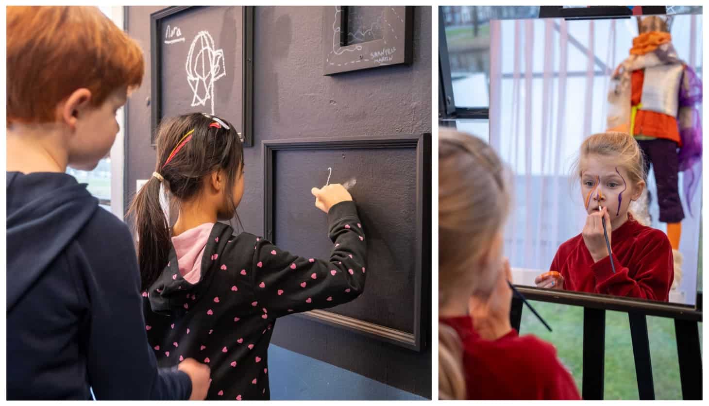 Om Het Lijf compilatie 6 Twee kinderen staan voor een krijtbord waar fotolijsten op geplakt zijn. Recht: Een meisje schminkt haar eigen gezicht voor een spiegel.